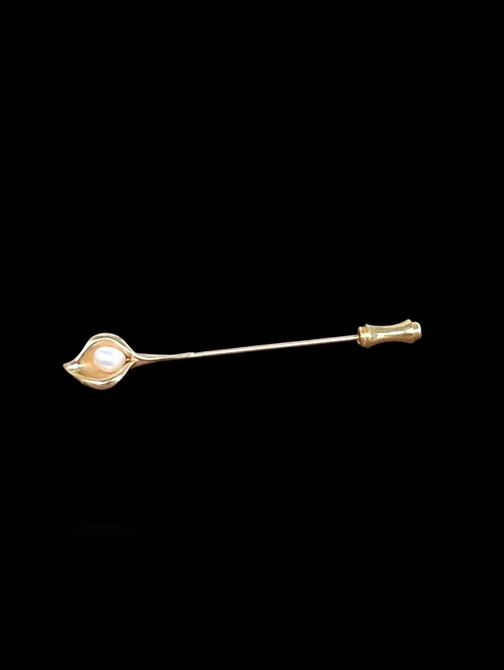 Antique 14k Gold Calla Lily Floral Stickpin Genuine Pearl Signed PBJ 2.5 grams